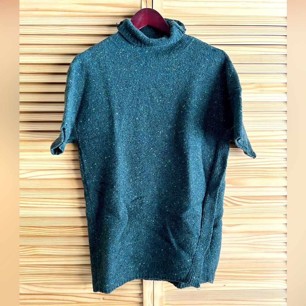 ROOTS Women’s Mock Turtleneck Green Tweed Short Sleeved Sweater Size MED